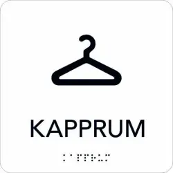 Billig Taktil skylt Kapprum 150x150 mm, Vit med svart text