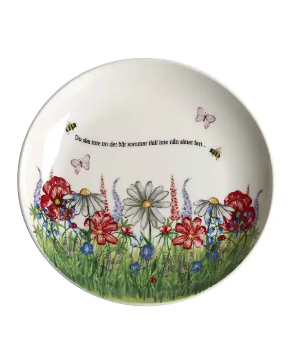 Trygg betalning Rund assiett med handritat motiv Sommar Ø16,5cm
